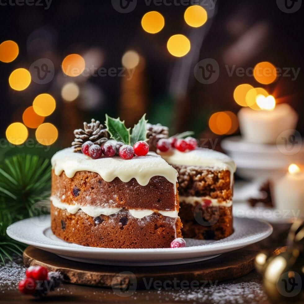 AI Generative Festival Christmas cake on a plate on a background of Christmas lights bokeh photo