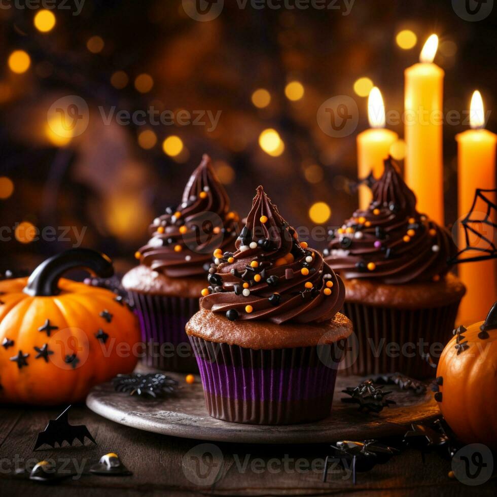 Festival halloween cupcake on a plate on a background of halloween lights bokeh photo