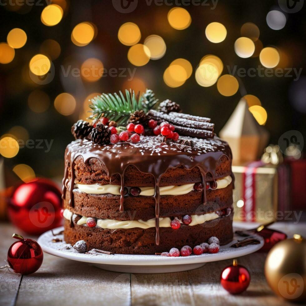 AI Generative Festival Christmas cake on a plate on a background of Christmas lights bokeh photo