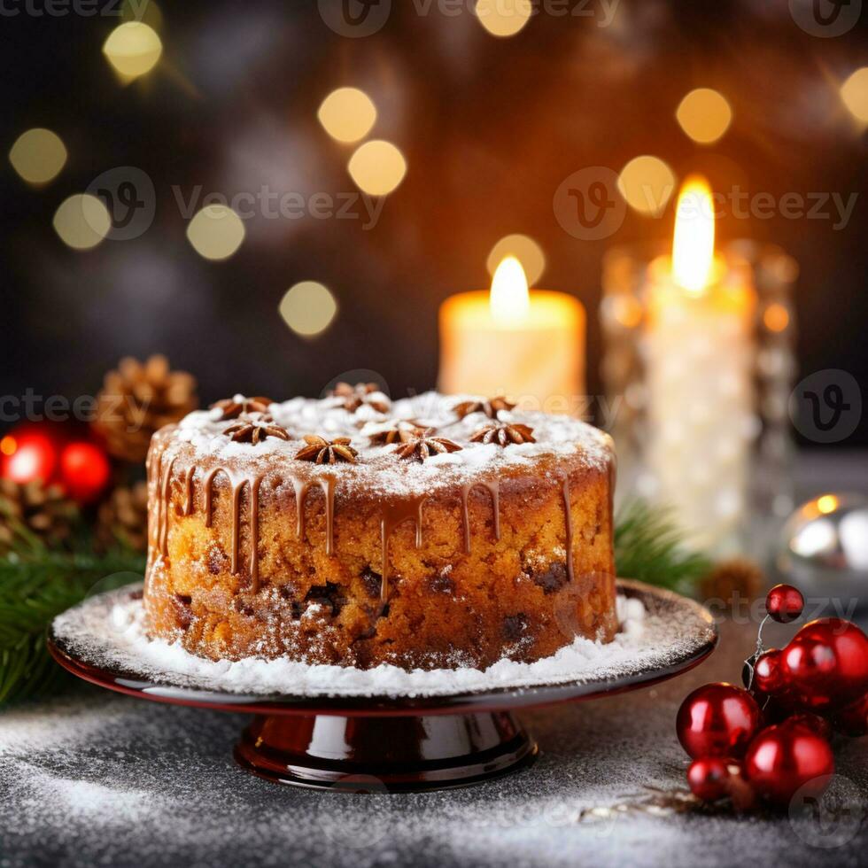 AI Generative Festival Christmas cake on a plate on a background of Christmas lights bokeh photo