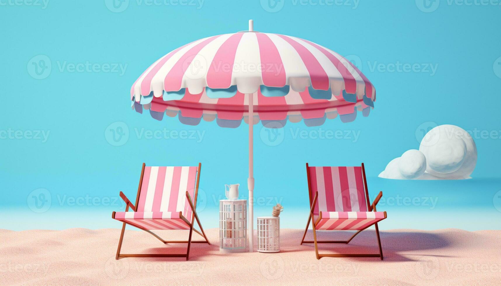AI GENERATIVE 3D beach scene with chairs and the beach umbrella on blue background in style of light pink and crimson in summer sea beach photo