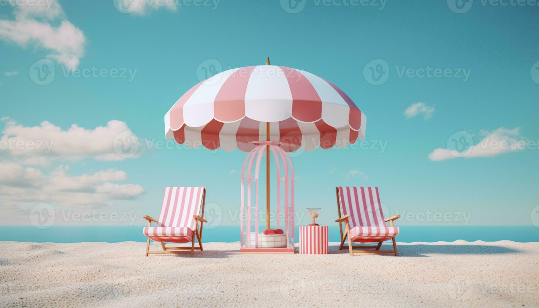 AI GENERATIVE 3D beach scene with chairs and the beach umbrella on blue background in style of light pink and crimson in summer sea beach photo