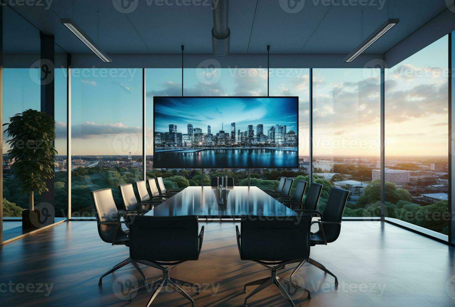 Modern office meeting room interior with glass windows. Created with Generative AI photo