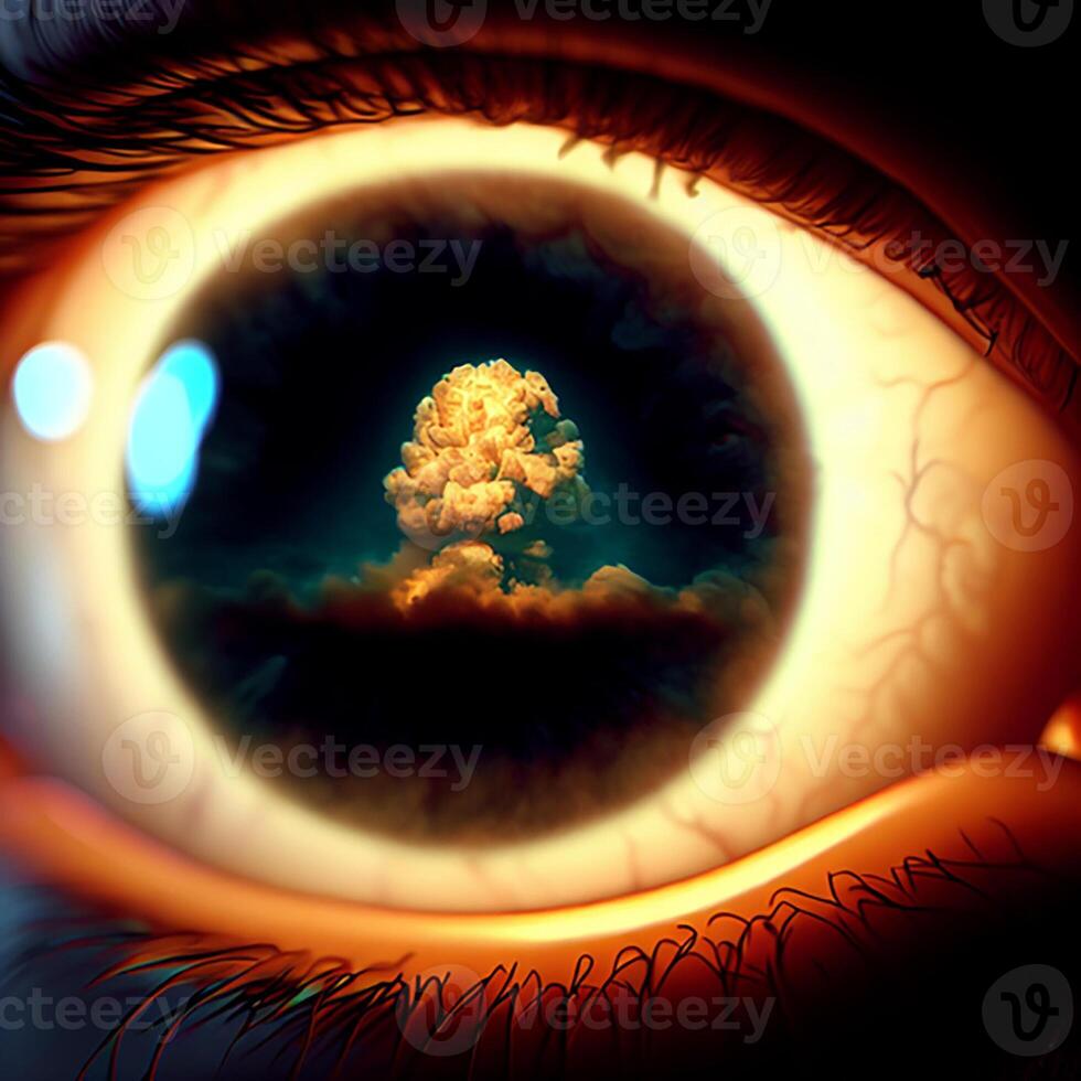 Atomic blow reflection in an eye AI Generative. Human fear concept. photo