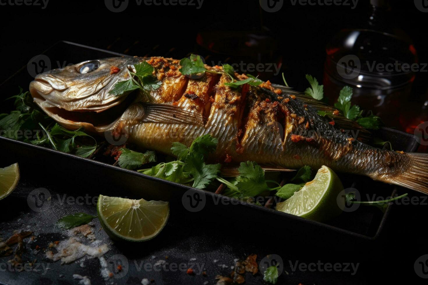 Whole fish with a grilled skin Arab food Generative AI photo