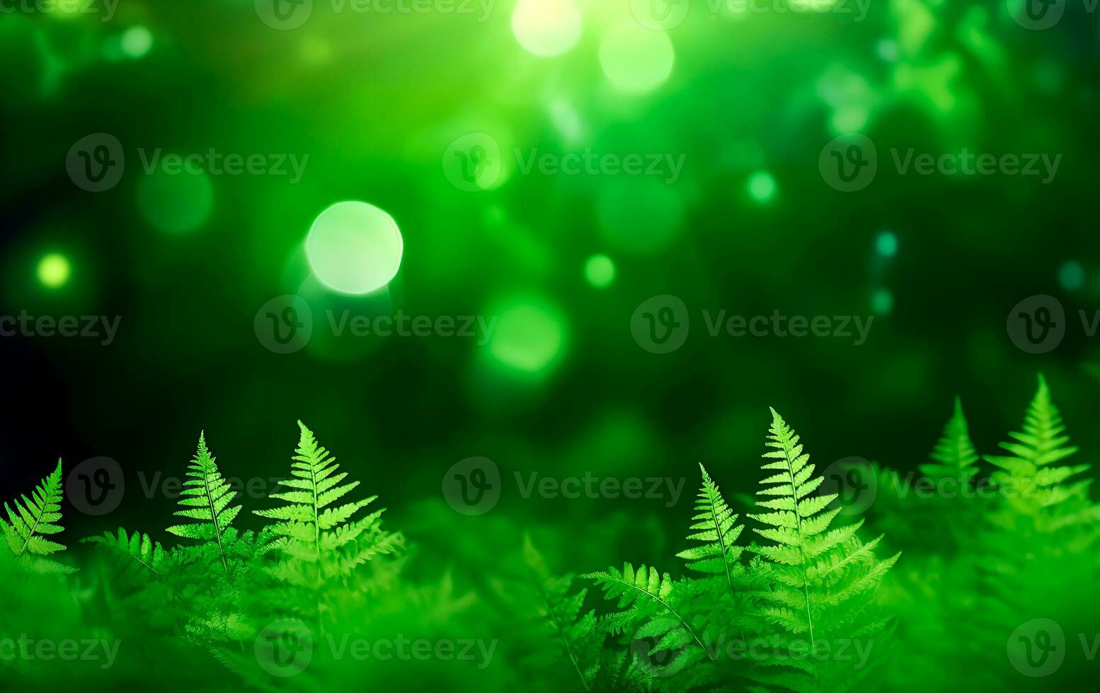 Green ferns, Nature background with copy space, defocused lighs and sun leak. Generative AI photo