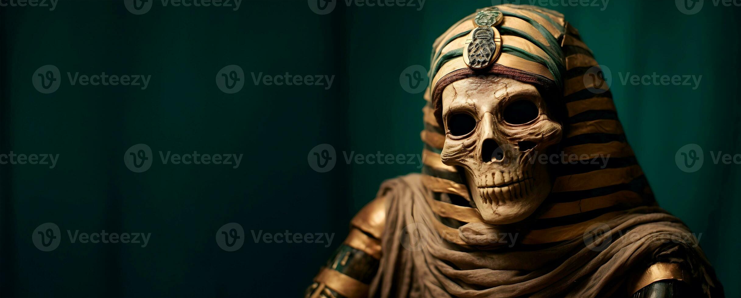 Ancient pharaoh skeleton on a dark green background. Halloween image with copy space. Generative AI photo