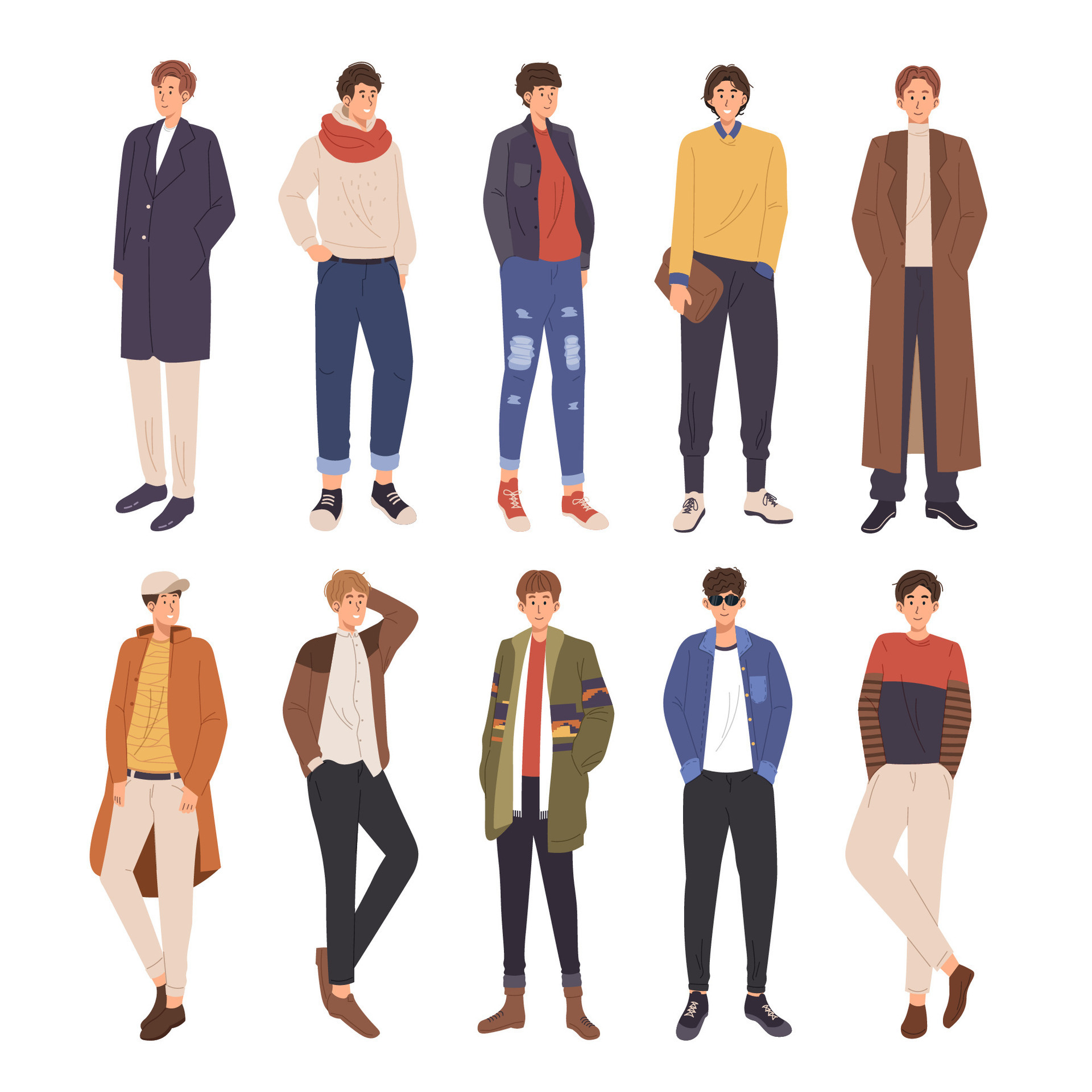 Collection of young men dressed in trendy clothes. Set of