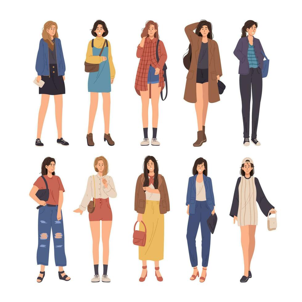 Collection of young women dressed in trendy clothes. Set of fashionable casual outfit. Korean fashion style vector