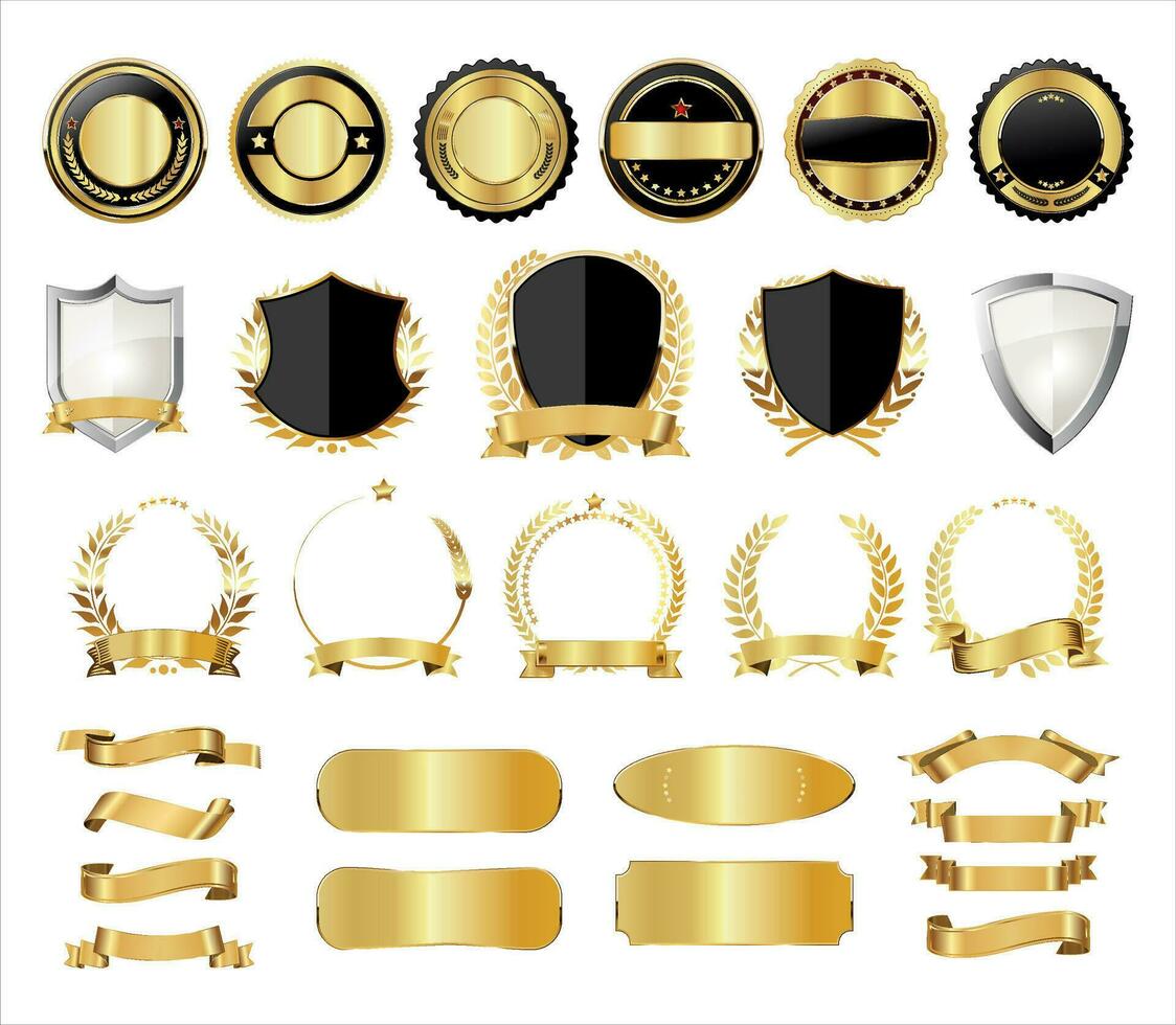 Collection of golden badge laurel wreaths golden shields and labels vector