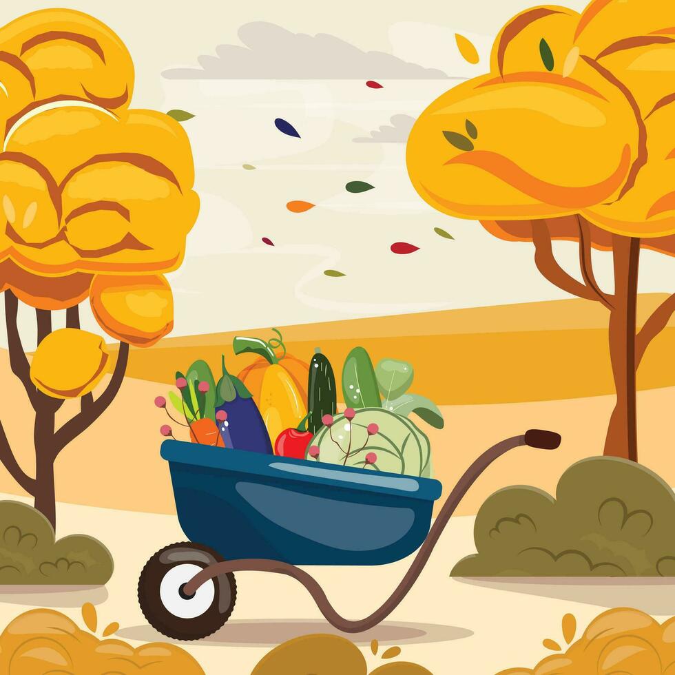 Agricultural fall illustration with a wheelbarrow filled with vegetables. Poster, banner vector
