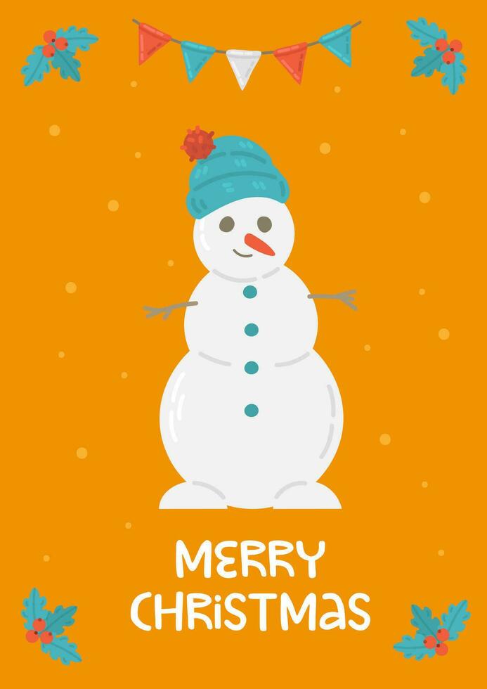 feliz navidad tarjeta de felicitación con muñeco de nieve vector