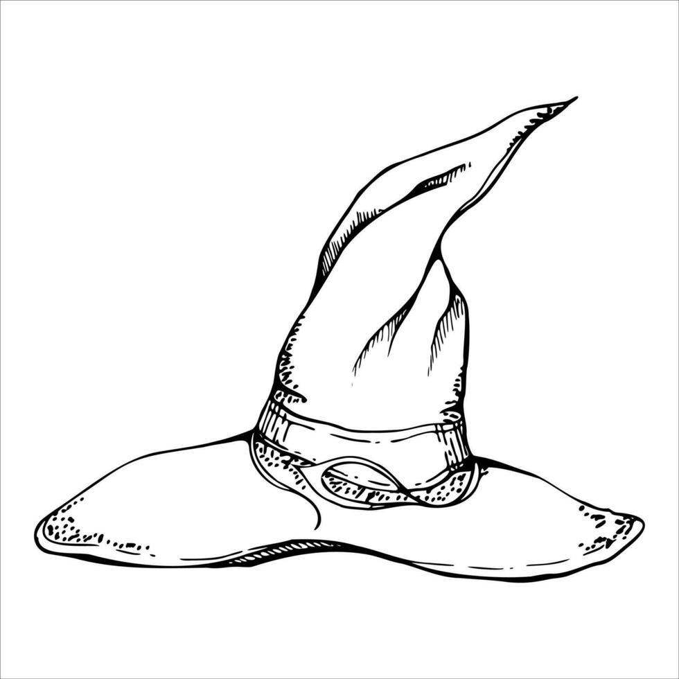 Hand drawn ink vector witch sorcerer wizard magician pointy hat. Sketch illustration art for Halloween, party, witchcraft. Isolated object, outline. Design shops, logo, print, website, card, costume