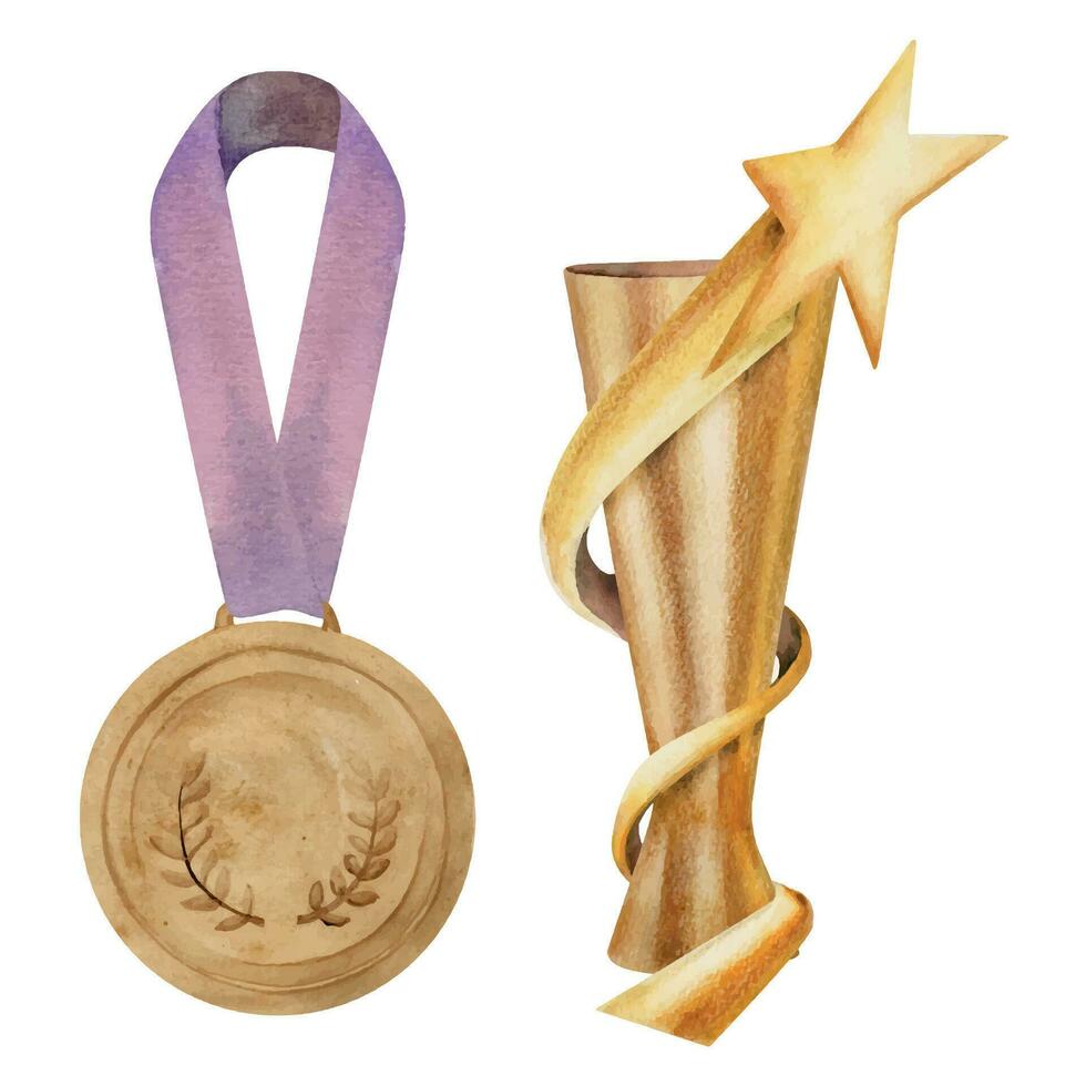 Hand drawn watercolor sports competition trophy prize, first place winner, gold medal, ribbon. Illustration isolated object, white background. Design poster, print, website, card, invitation, brochure vector