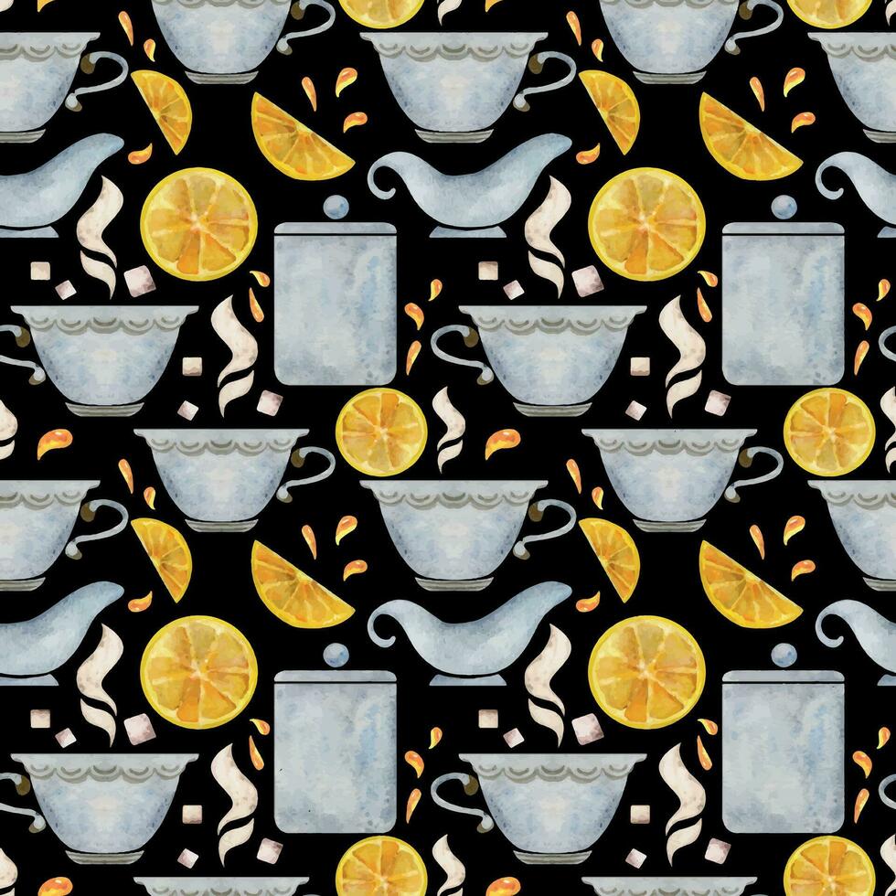 Hand drawn watercolor teaware, tea lemon, dishes crockery porcelain, hot beverage. Seamless pattern isolated on white background. For invitations, cafe, restaurant food menu, print, website, cards vector