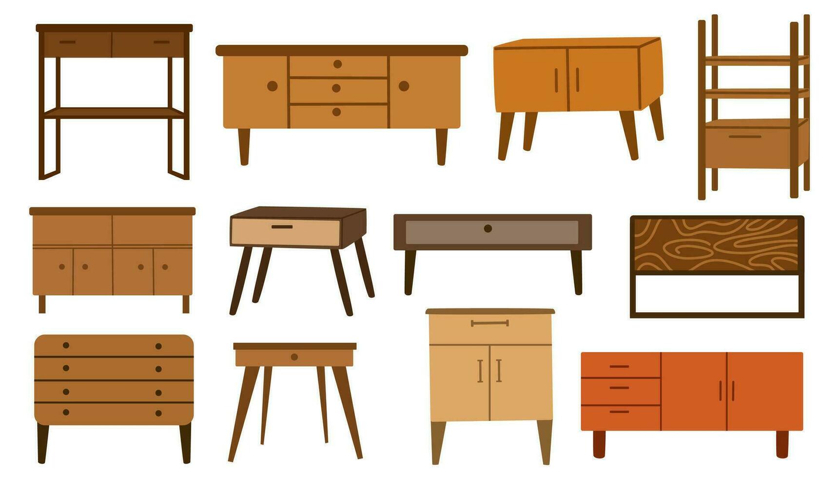 Chest of drawers, bedside table set. Furniture for home, living room and bedroom. Interior Dressers and cabinets. Vector illustration