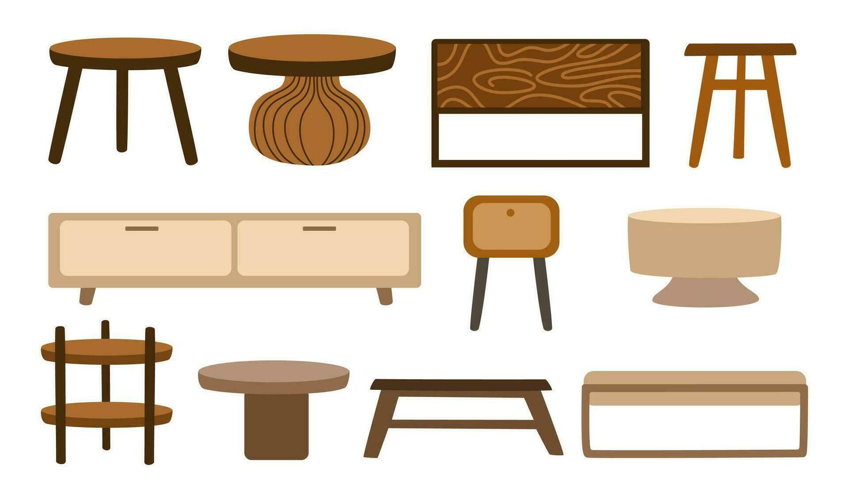 café mesas. interior diseño mueble para hogar y vivo habitación. conjunto de mesas en escandinavo estilo. vector ilustración