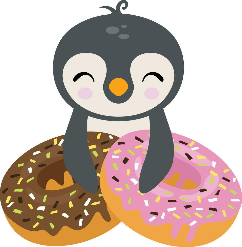 Funny penguin with strawberry and chocolate donuts vector