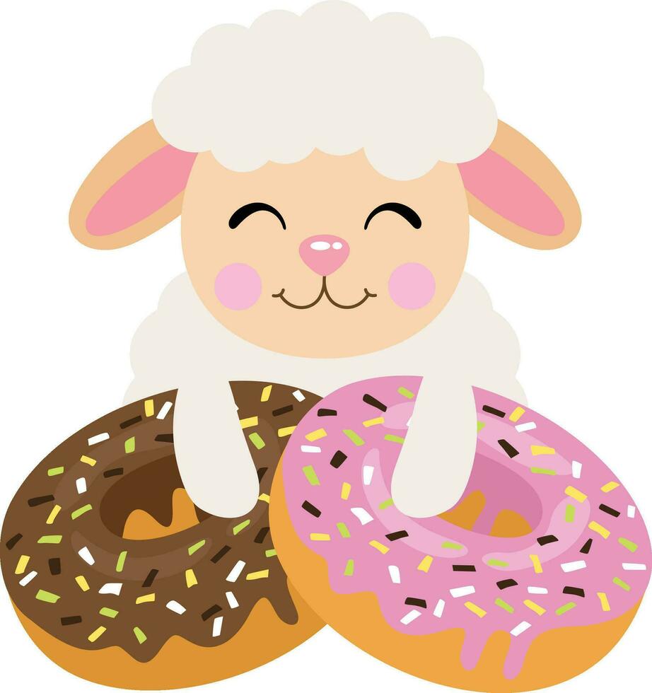 Funny sheep lamb with strawberry and chocolate donuts vector