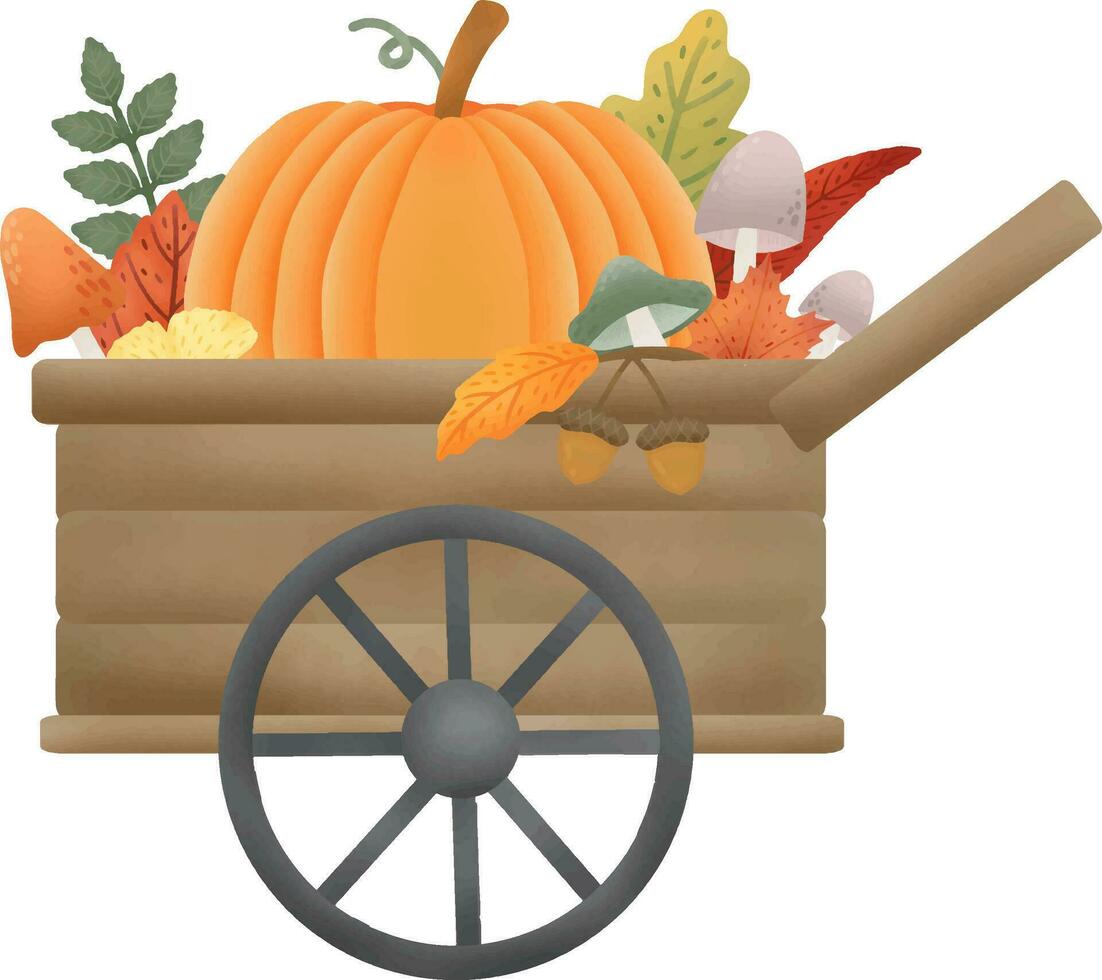 A wooden cart full of pumpkins and autumn leaves. vector