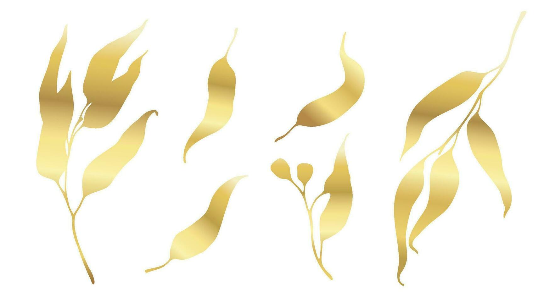 Autumn leaves silhouette with gold gradient. Eucalyptus branches with long leaves and seeds. Vector botanical designs elements collection on white background.