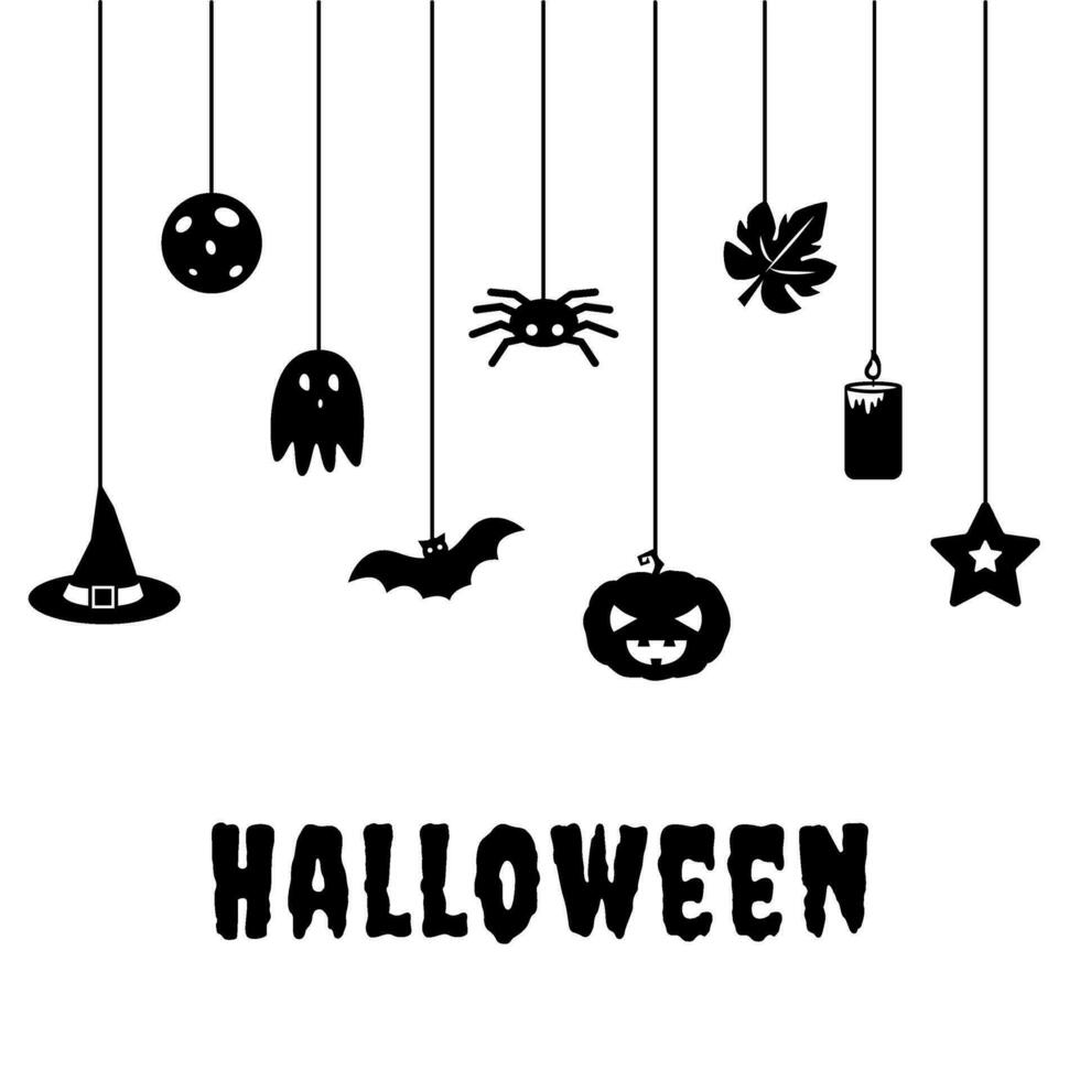 Halloween greeting card. Black and white vector illustration of ghost, pumpkin, bat, spider, moon, witch's hat, candle. Holiday design with festive decorations.