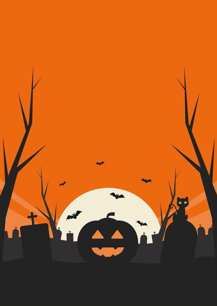 halloween background poster template with full moon,  smiling pumpkin, bats, and cat sitting on gravestone vector