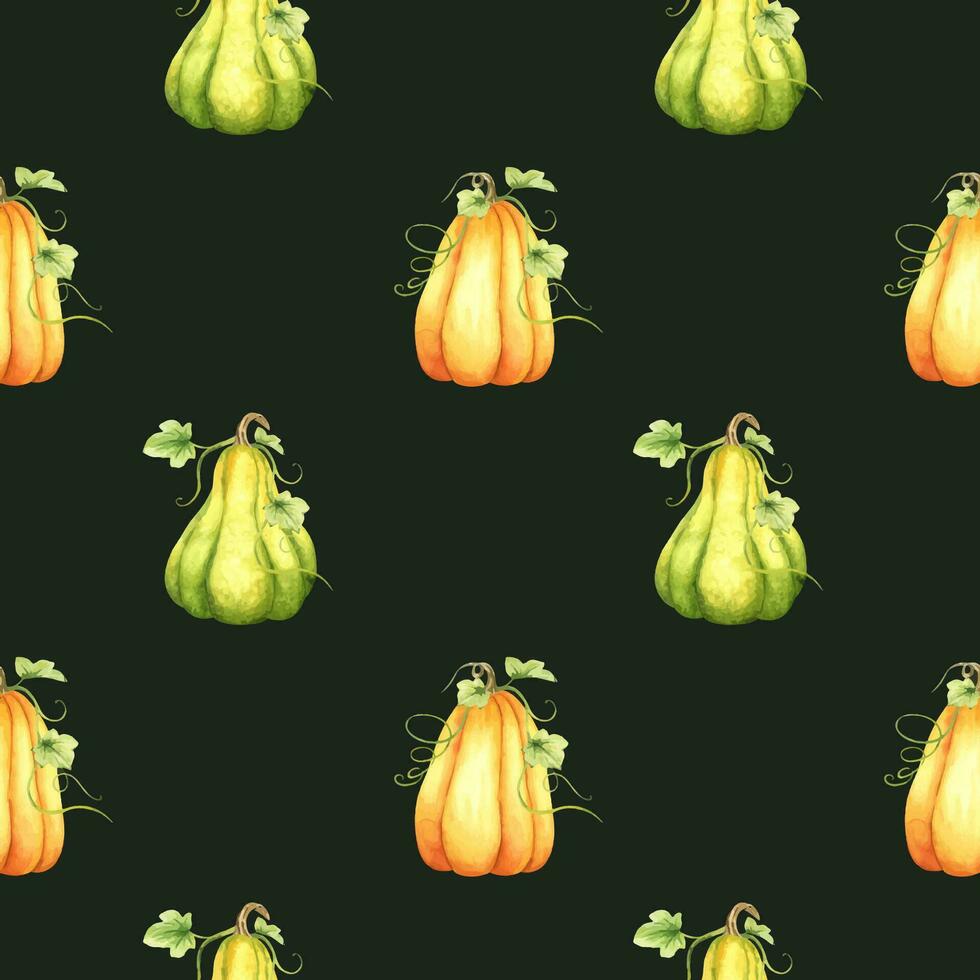 maduro naranja y verde calabazas y hojas. granja orgánico otoño vegetales. otoño decoración. acuarela sin costura modelo. para tela, envase papel, álbum de recortes, postales, invitaciones, tarjetas vector