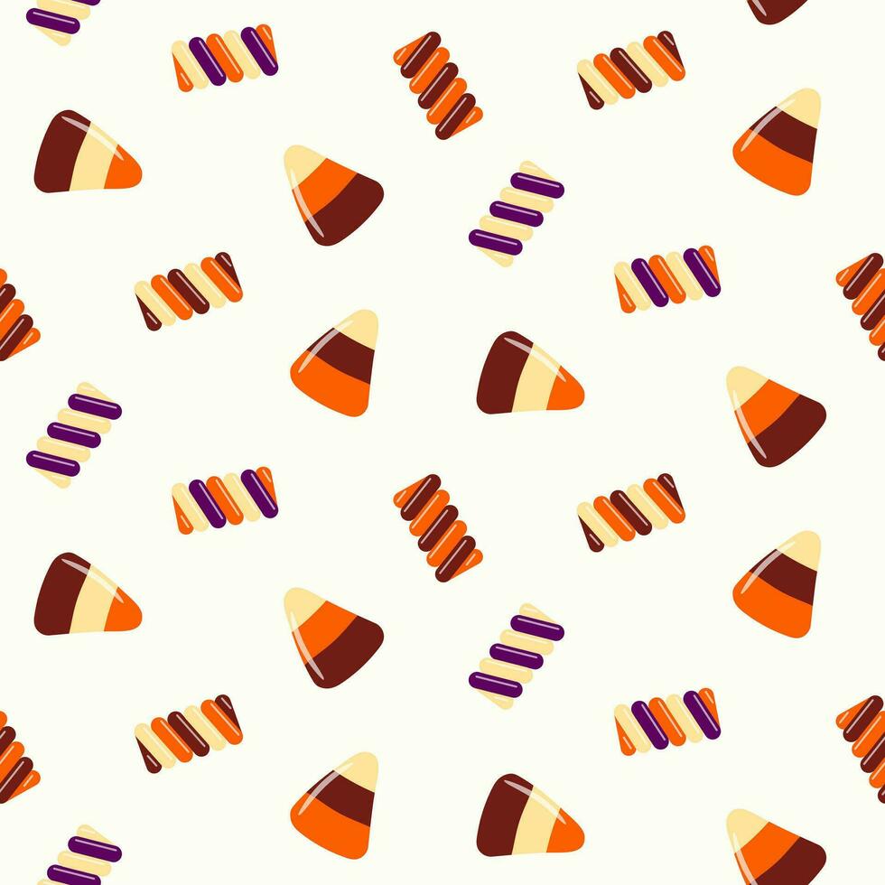 Seamless pattern of Halloween trick or treat candies on isolated background. Background in traditional colours for Halloween celebration, textiles, wall papers, wrapping paper, scrapbooking. vector