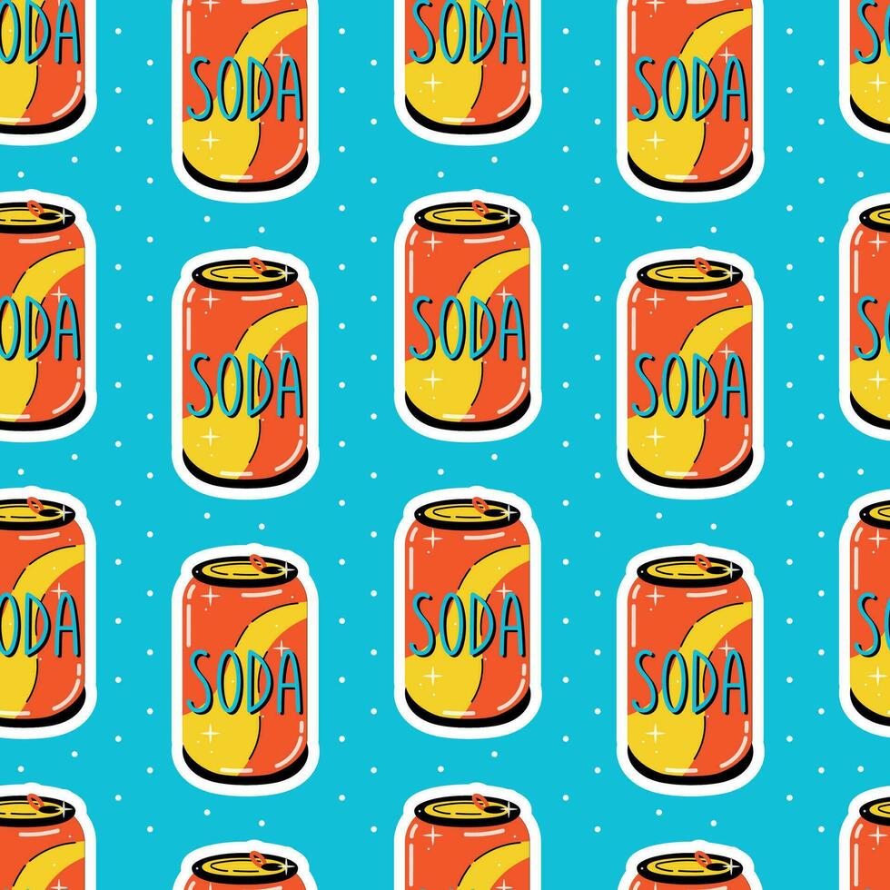 Retro tin can with soda, 90s style. Vector cartoon seamless pattern.
