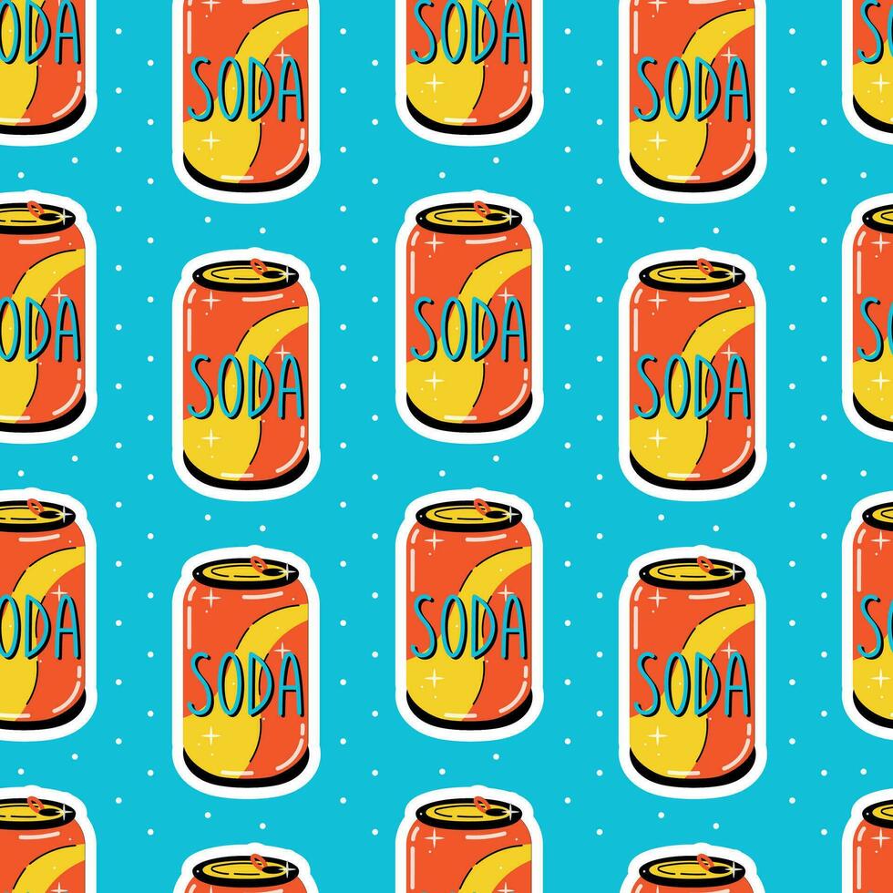 retro estaño lata con soda, 90s estilo. vector dibujos animados sin costura modelo.