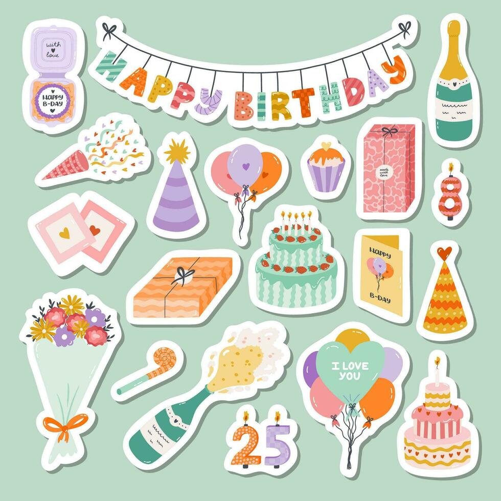 Big set of stickers with hand drawn birthday clipart for planners, notebooks. Ready for print list of cute stickers. Trendy holiday elements, party decoration, cake, candle, gift, balloon, party hat. vector