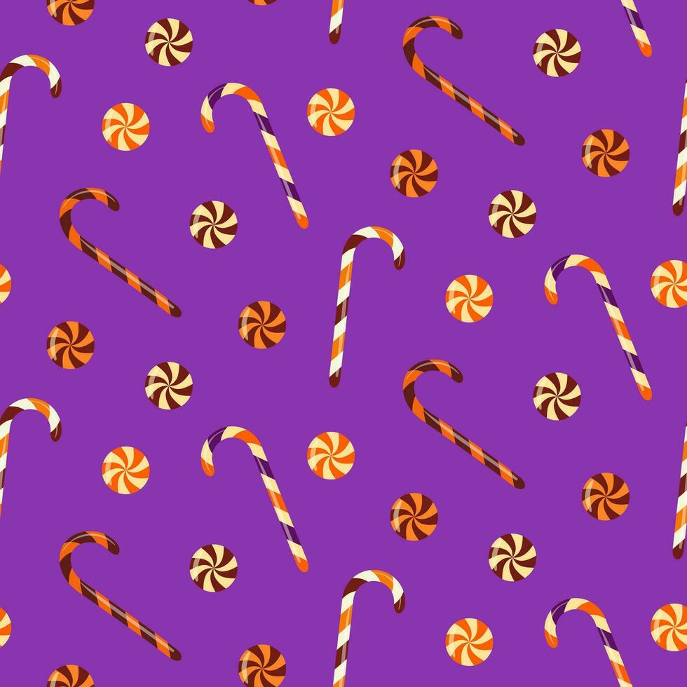 Seamless pattern of Halloween trick or treat candies on isolated background. Background in traditional colours for Halloween celebration, textiles, wall papers, wrapping paper, scrapbooking. vector