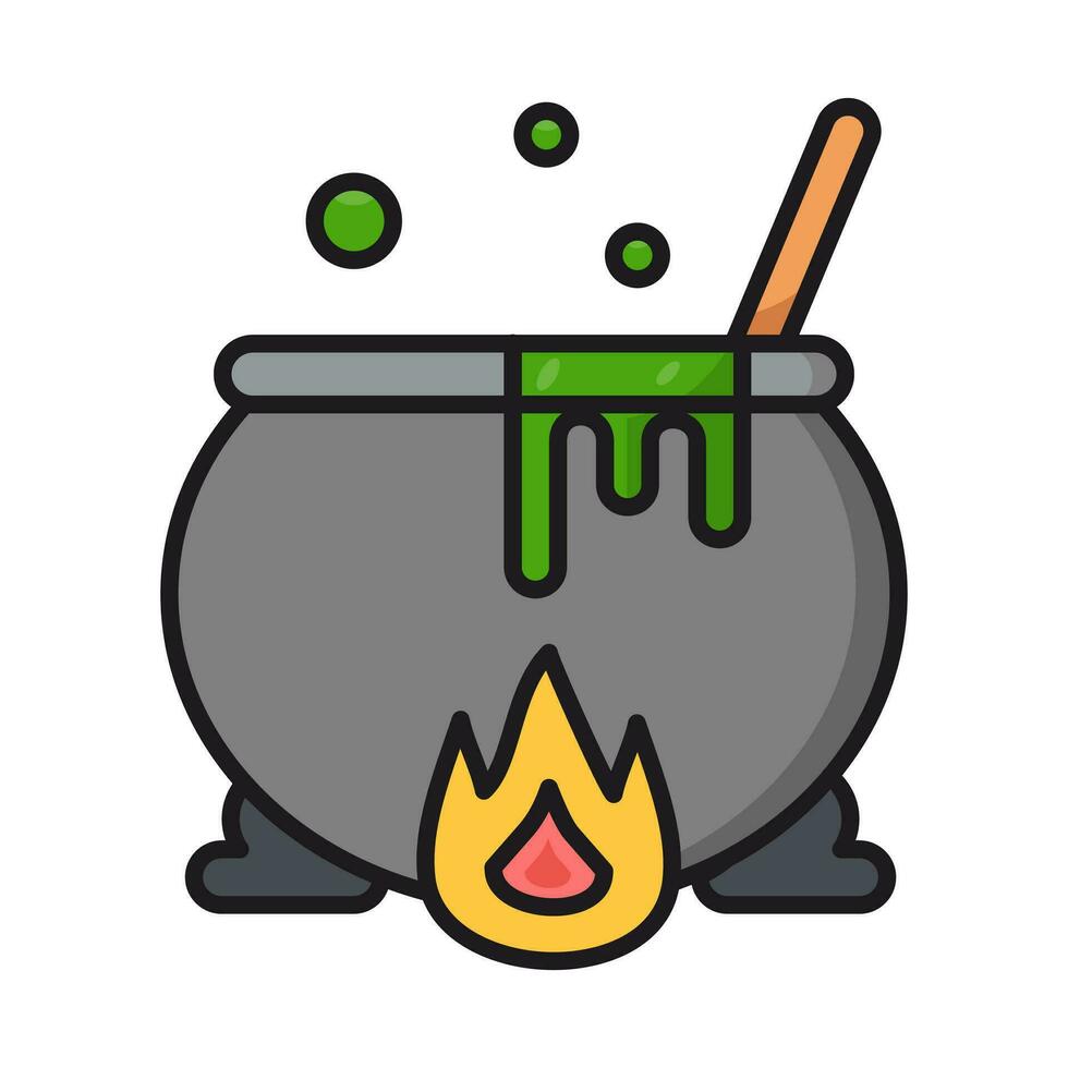 Halloween witch cauldron with potion and bubbles isolated on white background. Black pot cooked with magic potion in flat style vector