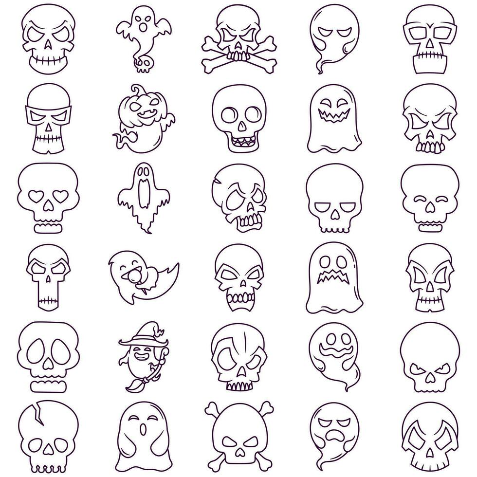 Free vector collection of line art stickers with the theme of Halloween, ghosts, skulls and witch pumpkins