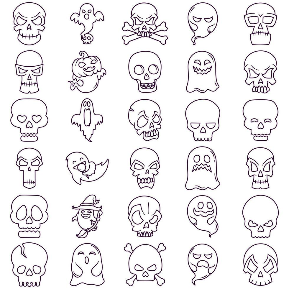 gratis vector colección de línea Arte pegatinas con el tema de Víspera de Todos los Santos, fantasmas, calaveras y bruja calabazas