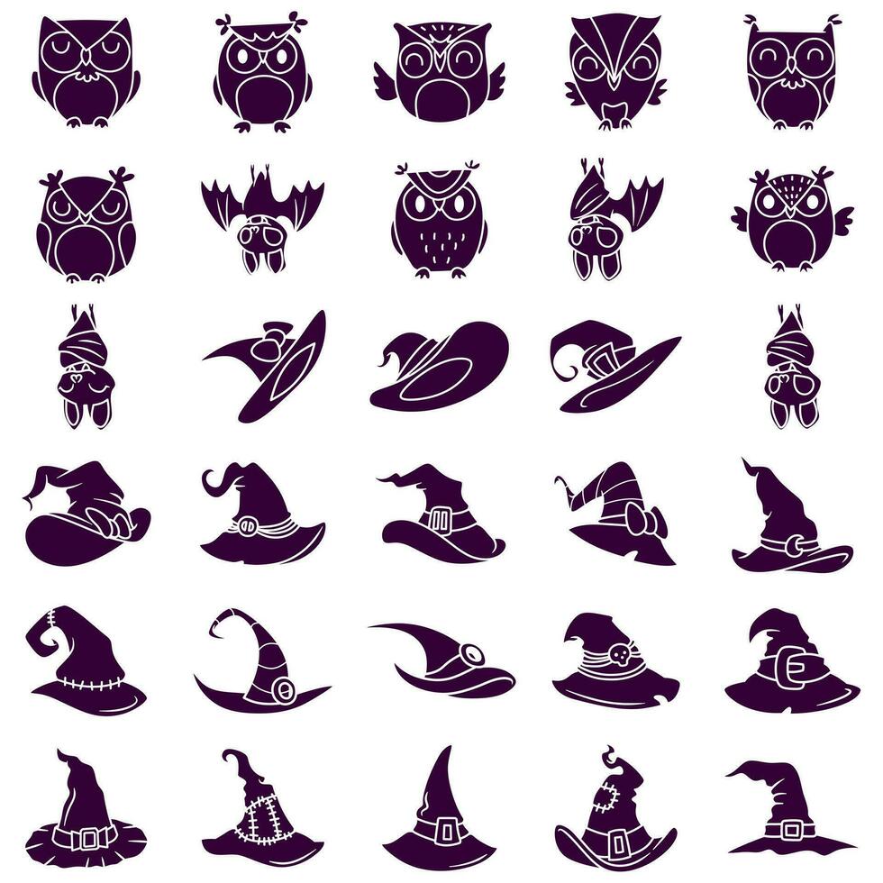 Free vector collection of silhouette illustrations of stickers on halloween themes, owls, witch hats and bats