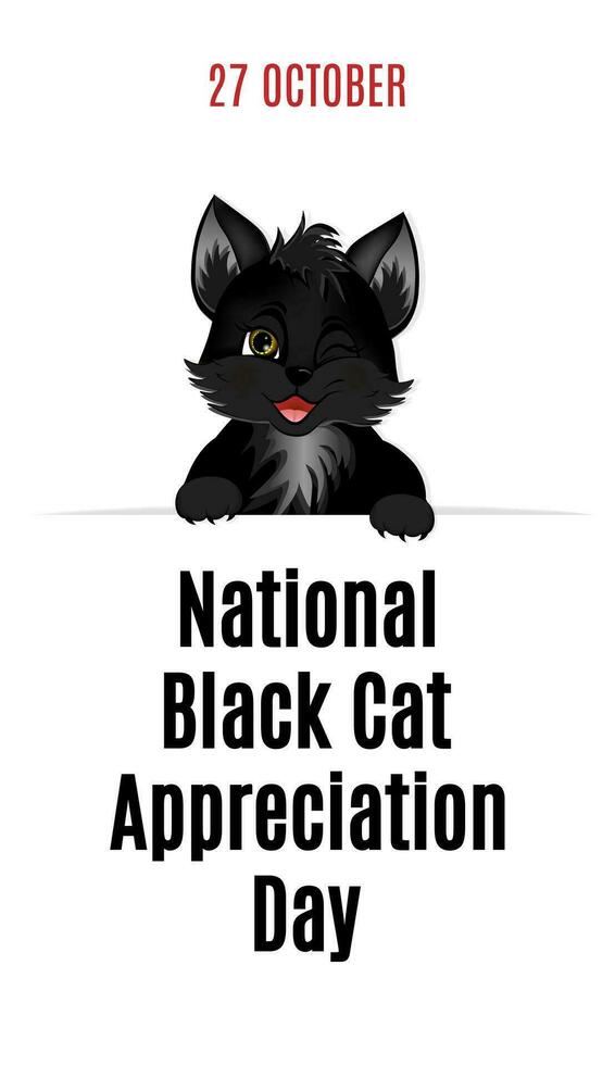 National Black Cat Day. Banner, poster, greeting card with cute black kitten, cat in cartoon style. vector
