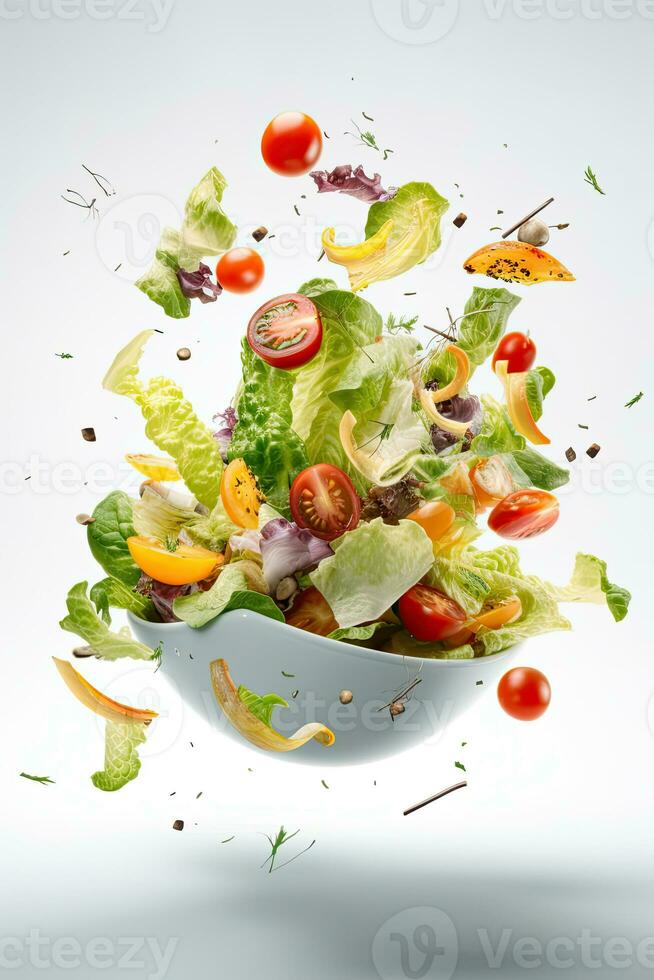 Salad flying ingredients on white background, AI Generated photo