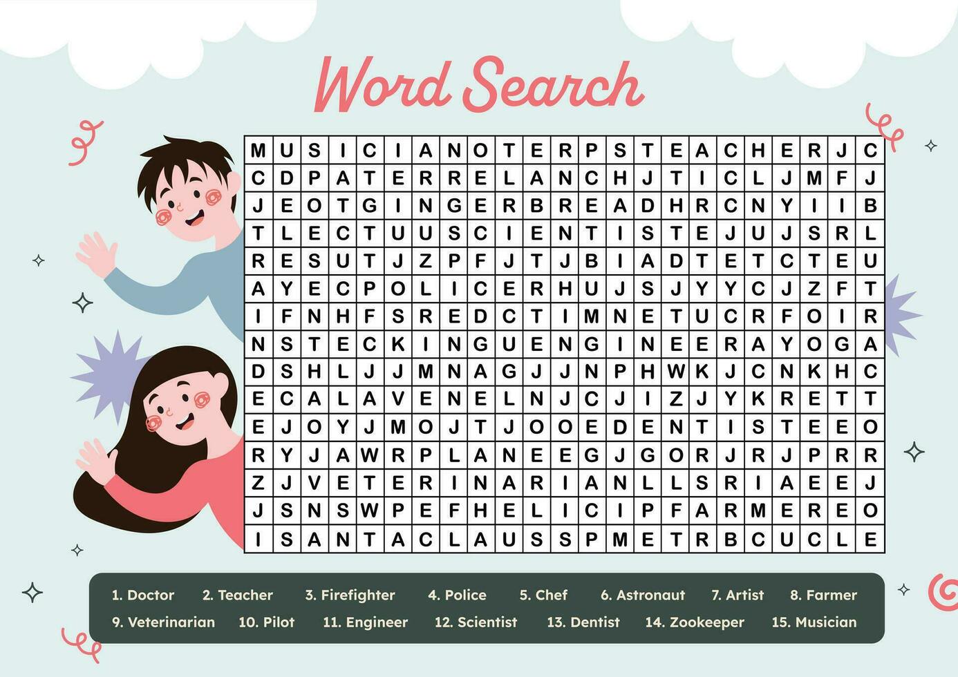 flat design vector occupation crossword word search printable worksheet for kids activity