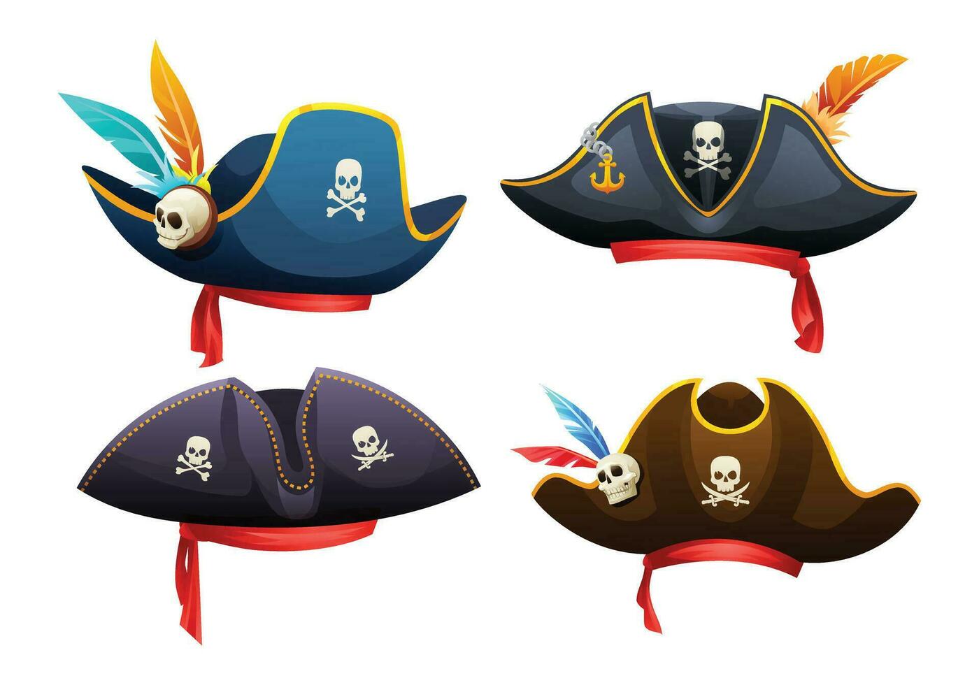Collection of pirate hats with skull, crossbones and feathers cartoon illustration vector
