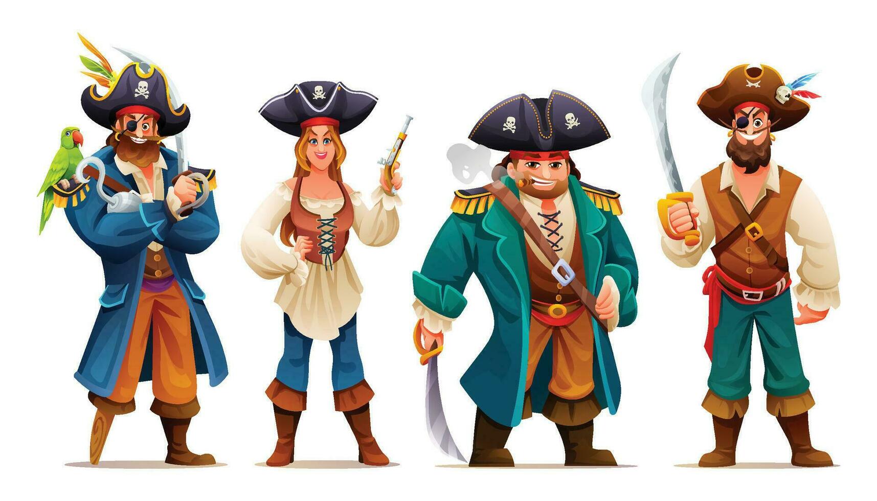 Set of man and woman pirates with weapons. Cartoon characters illustration vector
