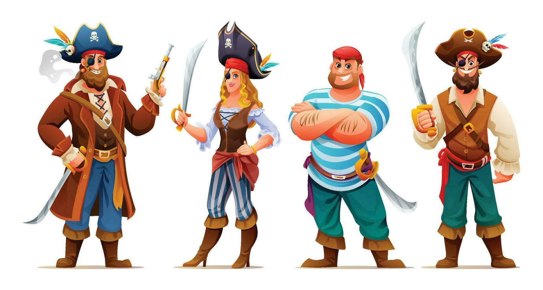 Set of male and female pirates with weapons. Cartoon characters illustration vector