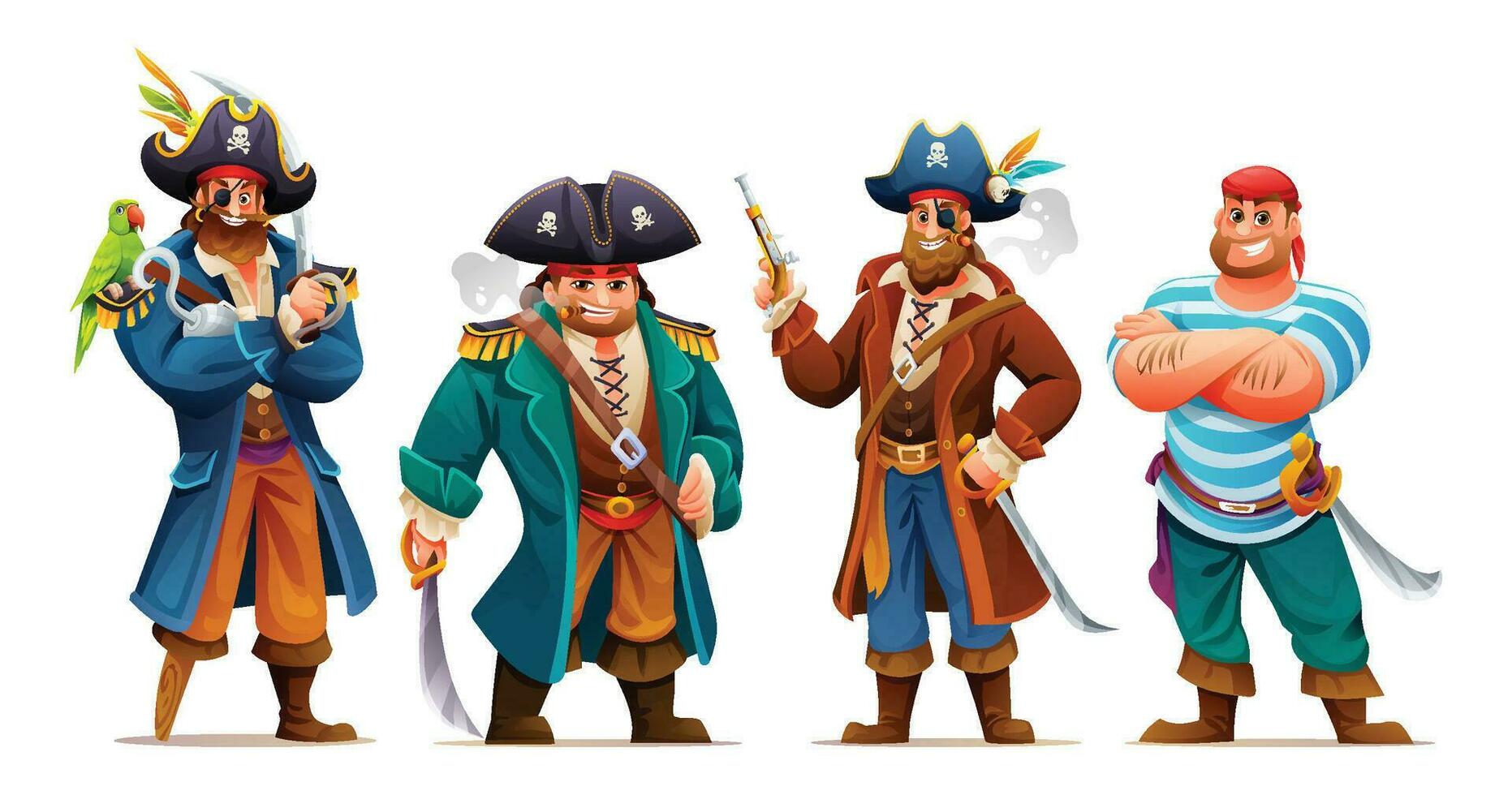 Set of pirates with weapons. Cartoon characters illustration vector