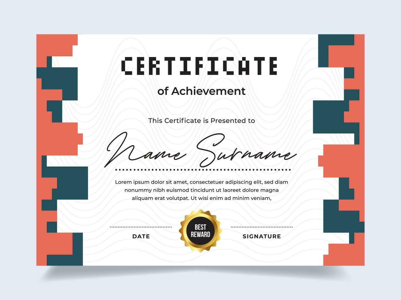 Pixel certificate of achievement template with gold badge. Modern certificate vector. Perfect for employee awards. vector
