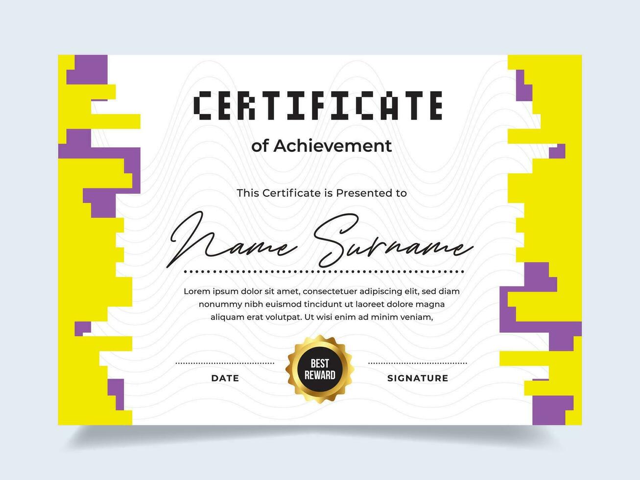 Pixel certificate of achievement template with gold badge. Modern certificate vector. Perfect for employee awards. vector