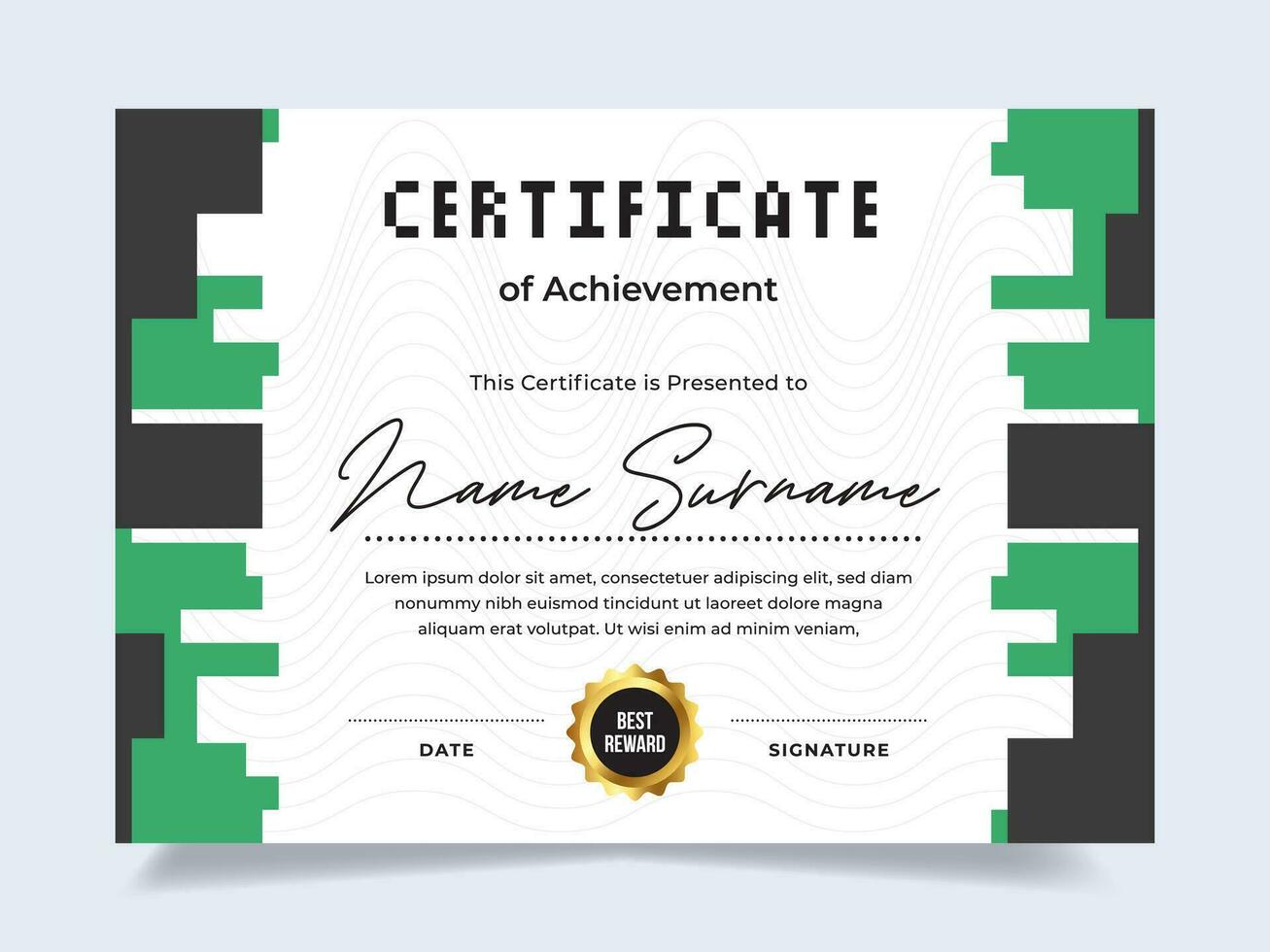 Pixel certificate of achievement template with gold badge. Modern certificate vector. Perfect for employee awards. vector