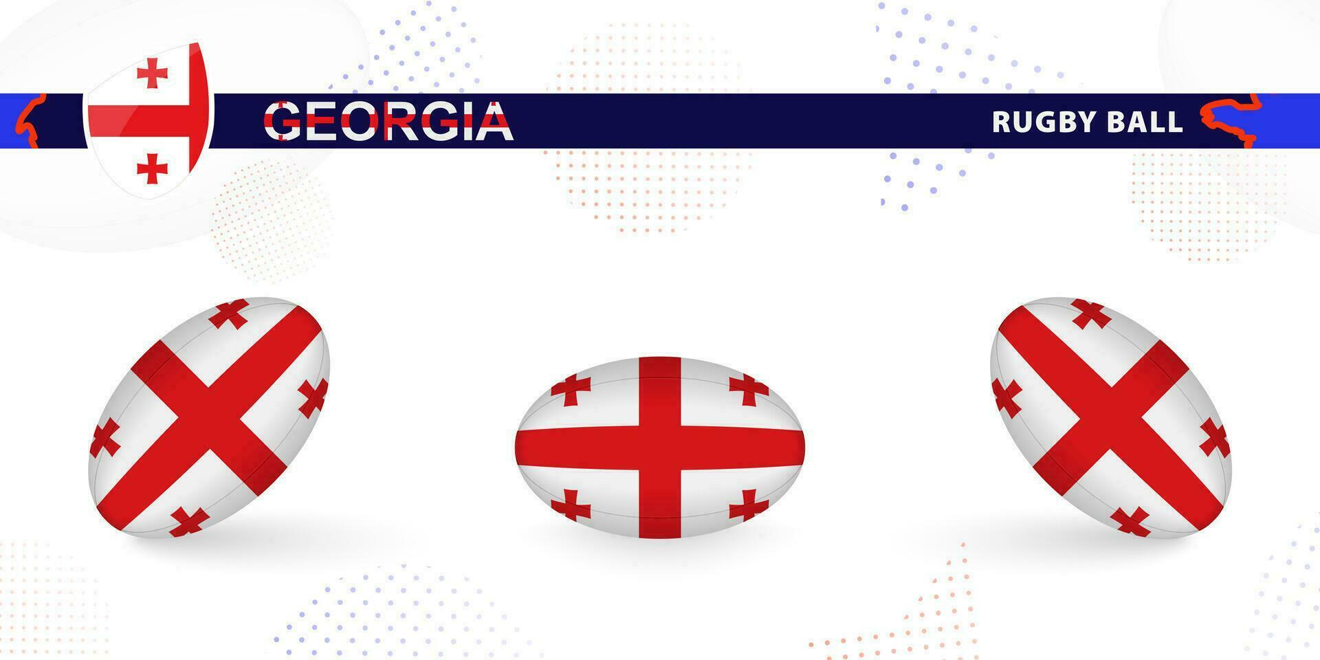 Rugby ball set with the flag of Georgia in various angles on abstract background. vector