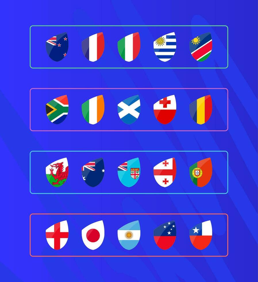 National flags of rugby 2023 participants, flags for international rugby tournament. vector