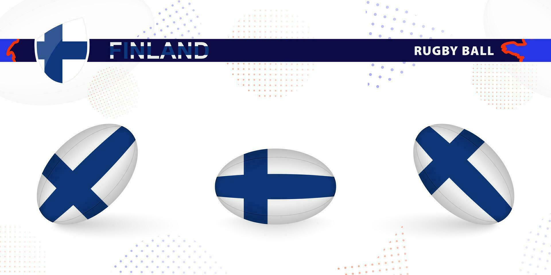 Rugby ball set with the flag of Finland in various angles on abstract background. vector